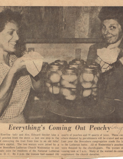 Frankie Everline and Mrs. Edward Snyder can peaches to send to the National Lutheran Home for the Aged, 1965