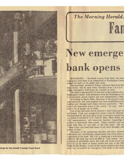 South County Food Pantry opens at Trinity Lutheran, 1976 with Merle Funk and Mrs. George Cline