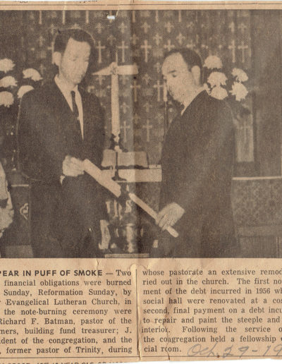 Trinity Lutheran's debt notes go up in smoke as church makes last payment - Rev. Batman, J. Gilbert Everline, Leonard Summers and Rev. Richard Manning - October 1961