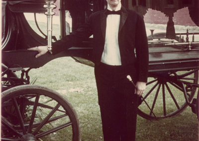 Doug Bast in front of horse-drawn hearse
